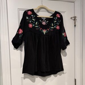 Time and Tru Black Top with Floral Embroidery